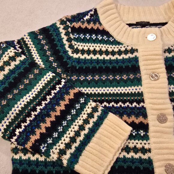 Talbots Plus Cardigan 3X 3XL Sweater Button Down Gold Metallic Green Blue Cream - Picture 7 of 15